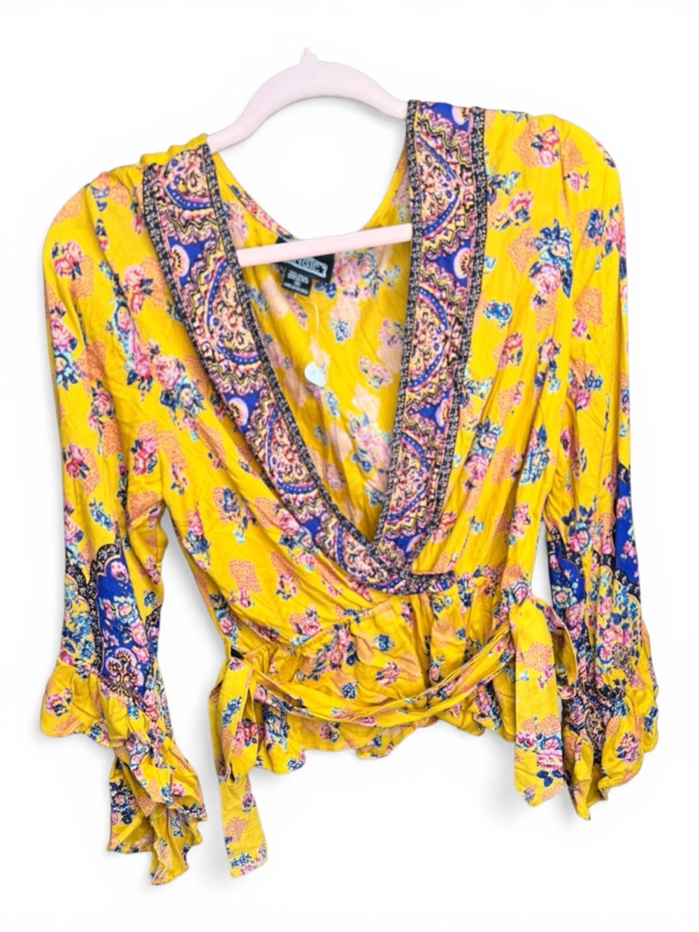 Angie Yellow Floral Wrap Top with Purple Paisley Trim